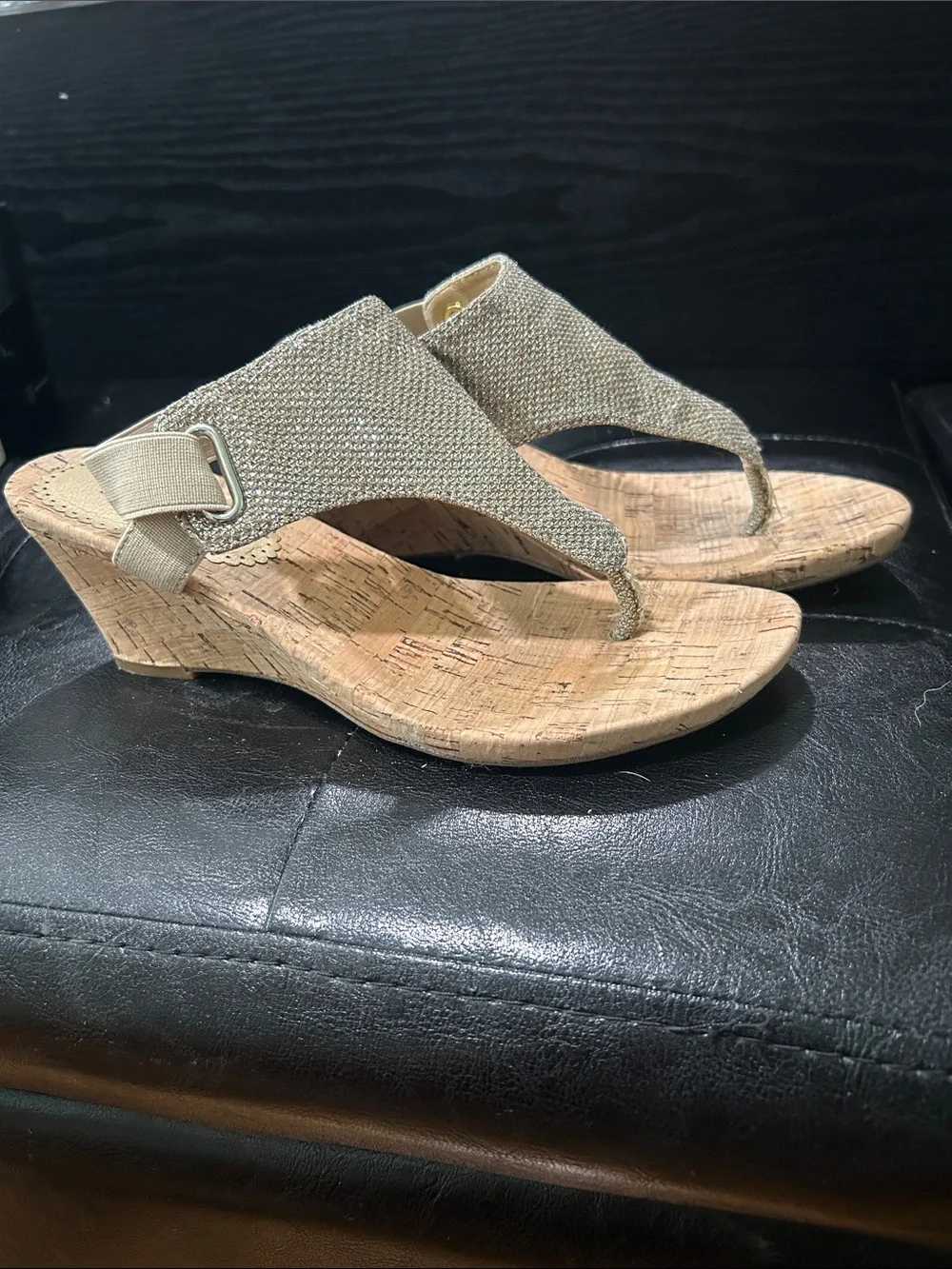 White Mountain Gold Sparkle Cork Wedge Thong Sandals